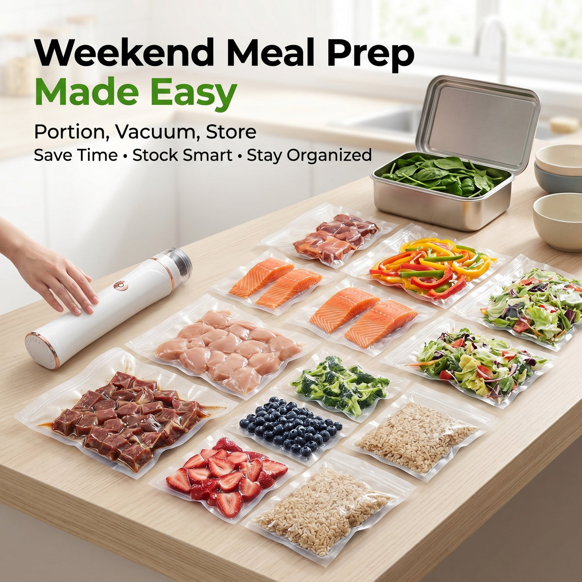 Cordless Handheld Vacuum Sealer, Rechargeable Portable Food Saver Machine with 3 Sizes Reusable Bags & 15 Bags for Meal Prep, Camping, Apartments (Includes 1x Handheld Vacuum Sealer Machine)
