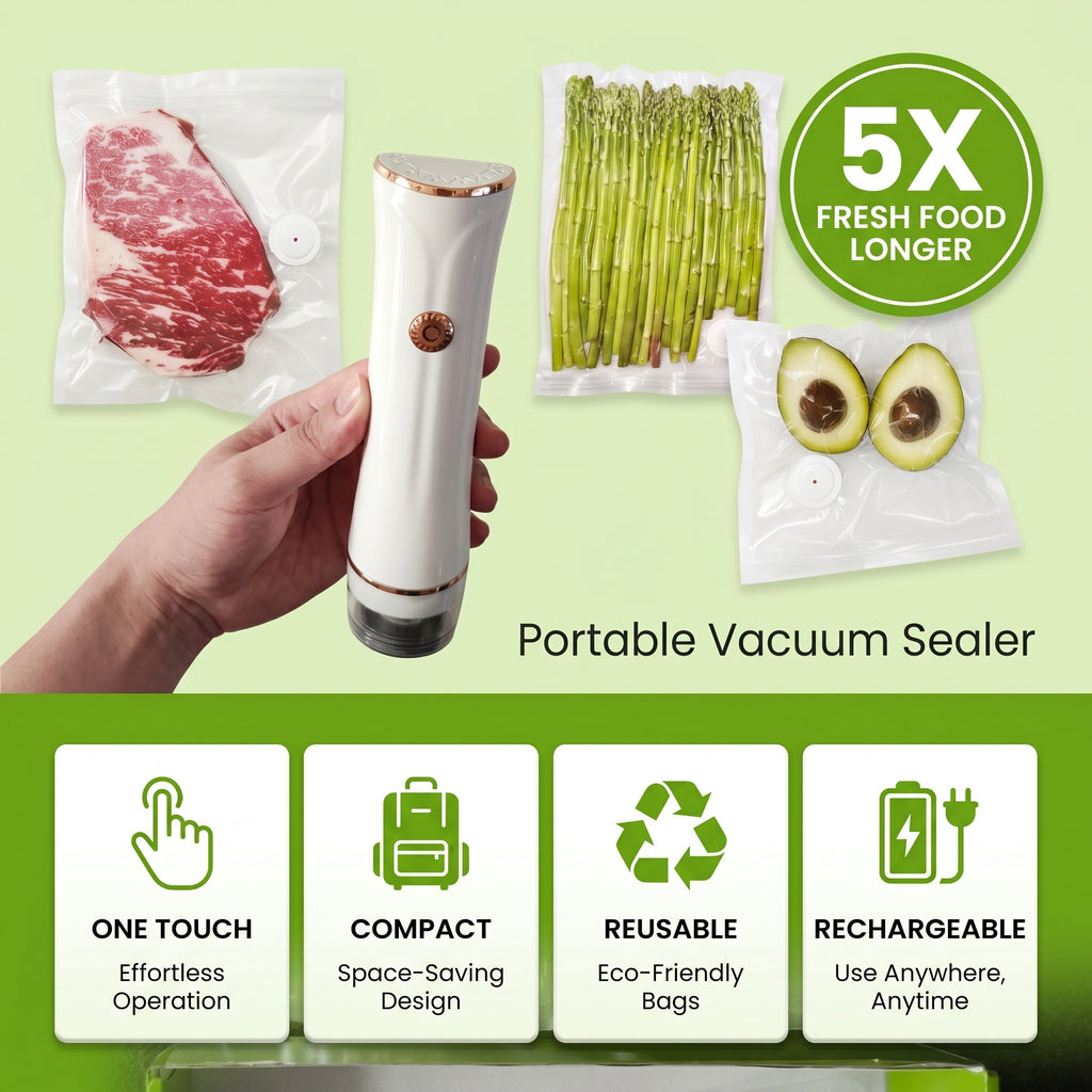 Cordless Handheld Vacuum Sealer, Rechargeable Portable Food Saver Machine with 3 Sizes Reusable Bags & 15 Bags for Meal Prep, Camping, Apartments (Includes 1x Handheld Vacuum Sealer Machine)