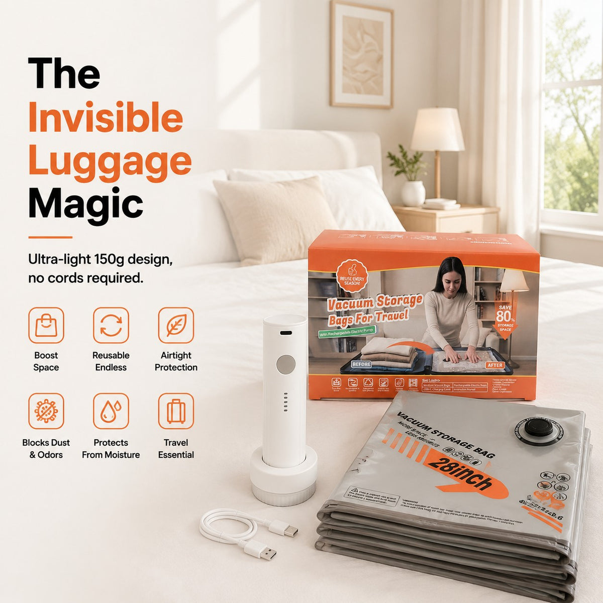 2026 Upgraded Travel Vacuum Storage Bags Set with Electric Pump - 6/9/15 Bags + USB-C Rechargeable Pump - 80% Space Saver Luggage Organizer Vacuum Bags Set - Reusable & Durable - Travel Essential