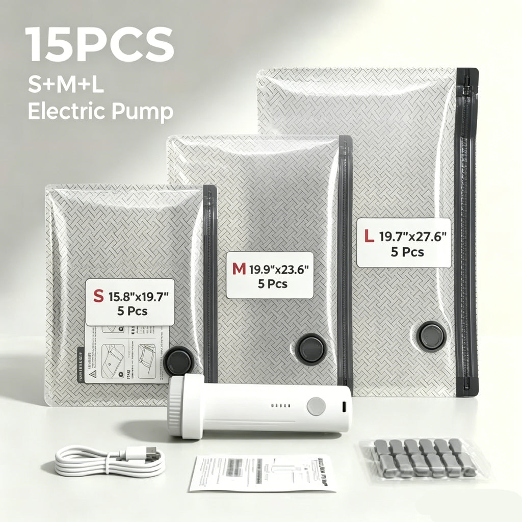 2026 Upgraded Universal Vacuum Storage Bags Set with Electric Pump - Works With Any Vacuum Cleaner - 6/9/15 Pack - Triple Seal System - Dust Insect Odor Proof - Home Travel Essential space saving rechargeable extra-large capacity 15-pack everyday