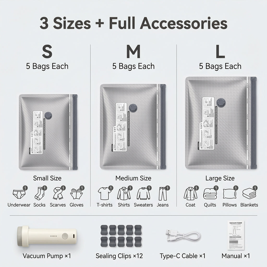 2026 Upgraded Universal Vacuum Storage Bags Set with Electric Pump - Works With Any Vacuum Cleaner - 6/9/15 Pack - Triple Seal System - Dust Insect Odor Proof - Home Travel Essential space saving rechargeable extra-large capacity 15-pack everyday