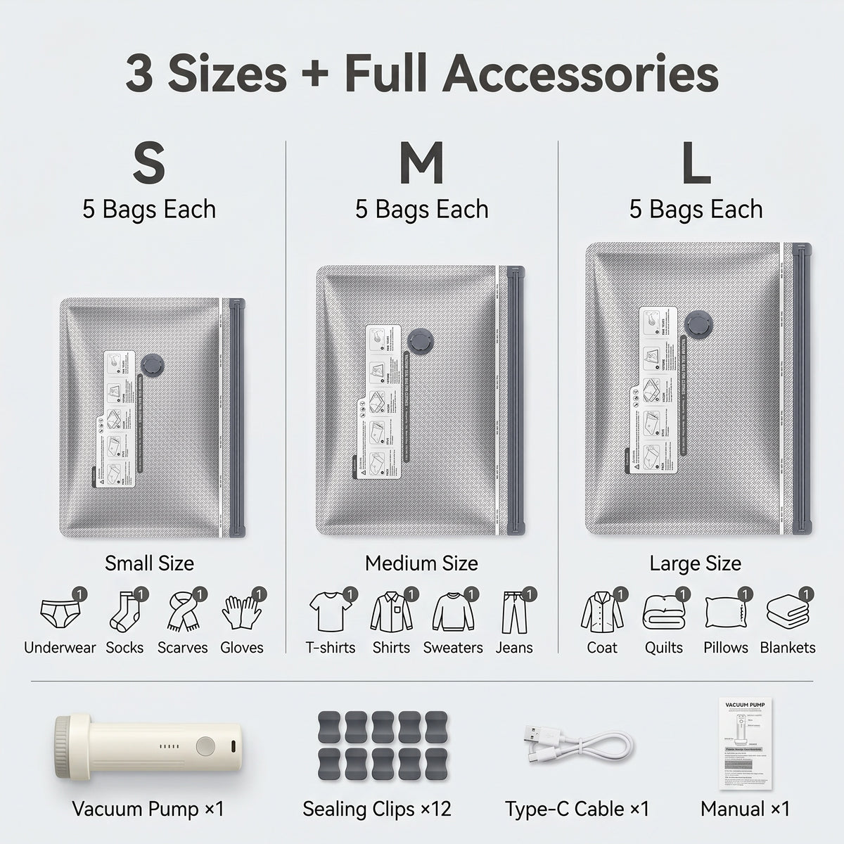 2026 Upgraded Universal Vacuum Storage Bags Set with Electric Pump - Works With Any Vacuum Cleaner - 6/9/15 Pack - Triple Seal System - Dust Insect Odor Proof - Home Travel Essential space saving rechargeable extra-large capacity 15-pack everyday