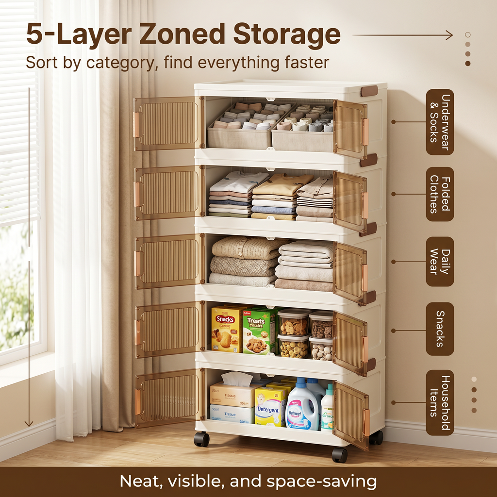5-Tier Foldable Rolling Storage Rack with Wheels | Space-Saving, Dust-Proof Storage for Bedroom & Living Room, Multifunctional Compact Shoe Rack, 3-Tier Corner Bathroom Counter, Home Kitchen Laundry Room Bathroom Shelf for Plushies