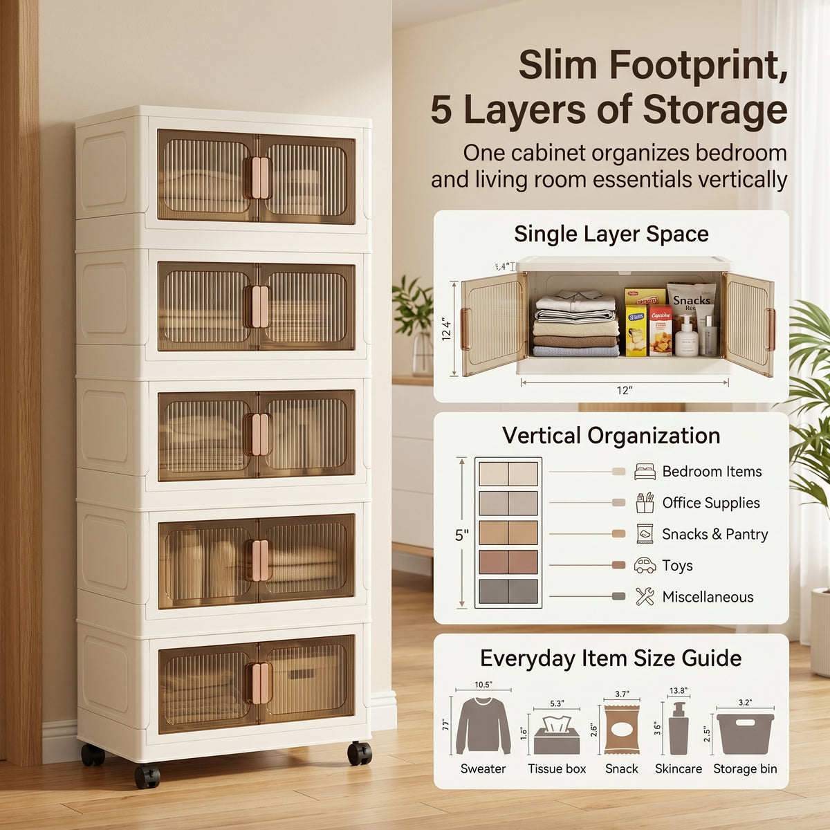 5-Tier Foldable Rolling Storage Rack with Wheels | Space-Saving, Dust-Proof Storage for Bedroom & Living Room, Multifunctional Compact Shoe Rack, 3-Tier Corner Bathroom Counter, Home Kitchen Laundry Room Bathroom Shelf for Plushies