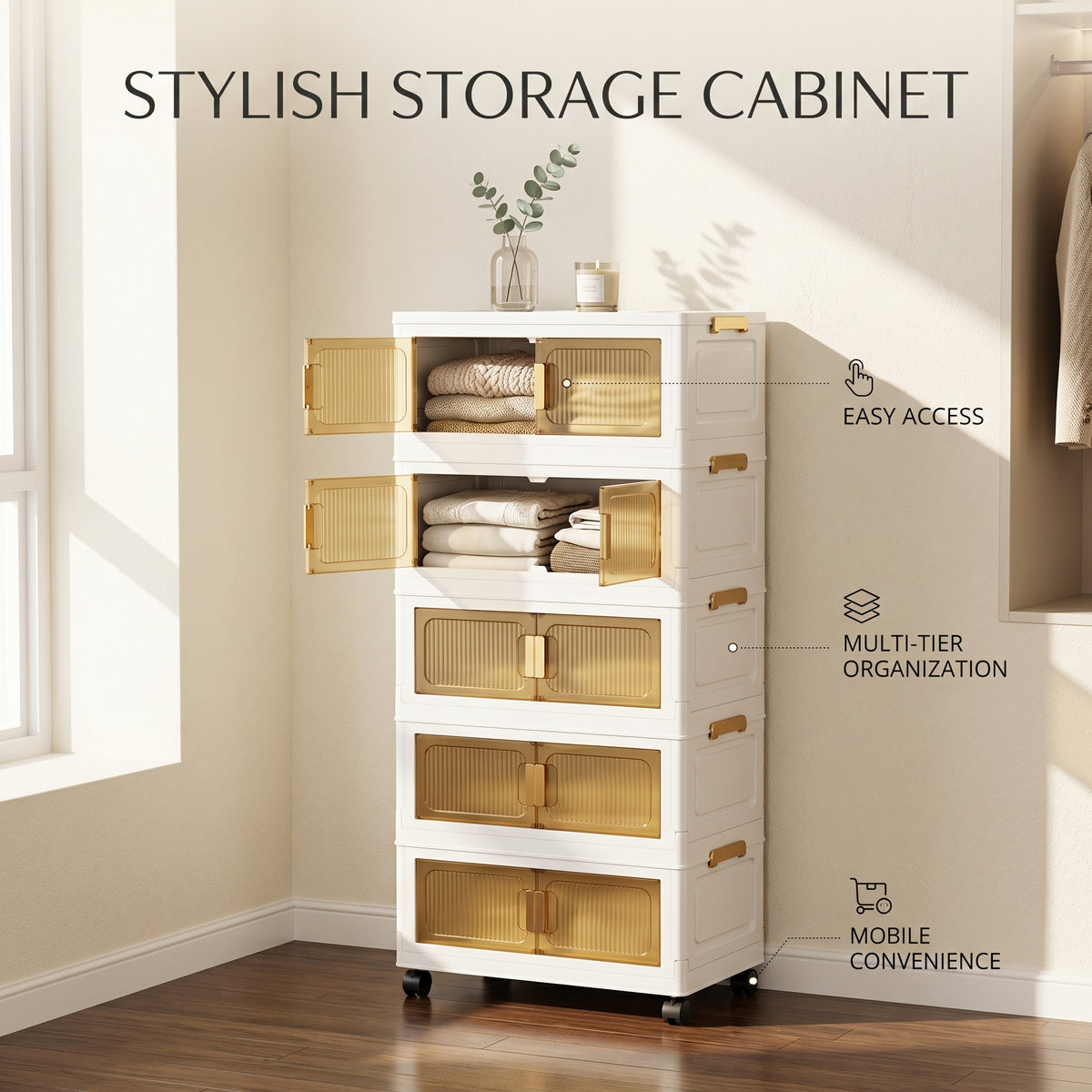 5-Tier Foldable Rolling Storage Rack with Wheels | Space-Saving, Dust-Proof Storage for Bedroom & Living Room, Multifunctional Compact Shoe Rack, 3-Tier Corner Bathroom Counter, Home Kitchen Laundry Room Bathroom Shelf for Plushies