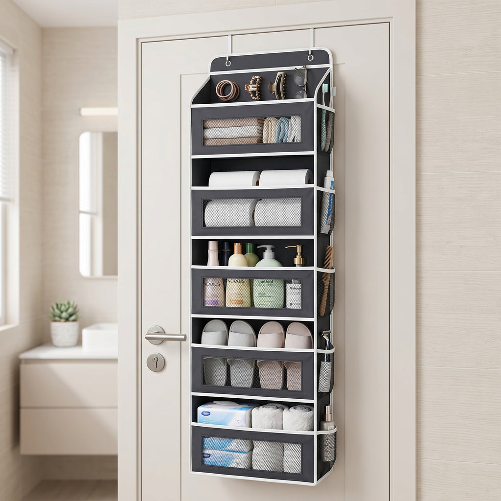 5-Shelf Heavy Duty Hanging Organizer - Single Unit with Side Mesh Pockets, No-Drill Over-the-Door Minimalist Modern Storage Organization for Closet, Bathroom Use