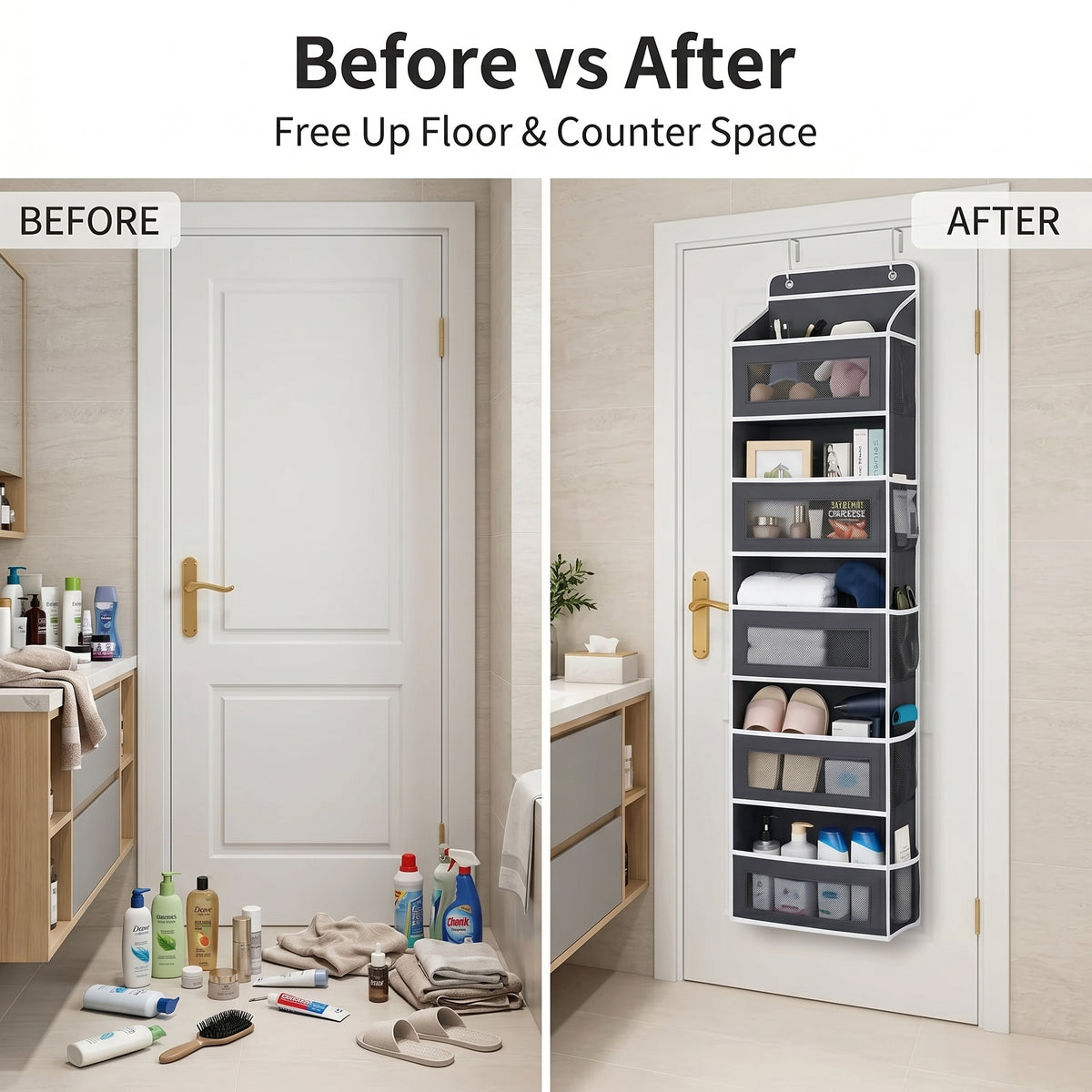 5-Shelf Heavy Duty Hanging Organizer - Single Unit with Side Mesh Pockets, No-Drill Over-the-Door Minimalist Modern Storage Organization for Closet, Bathroom Use