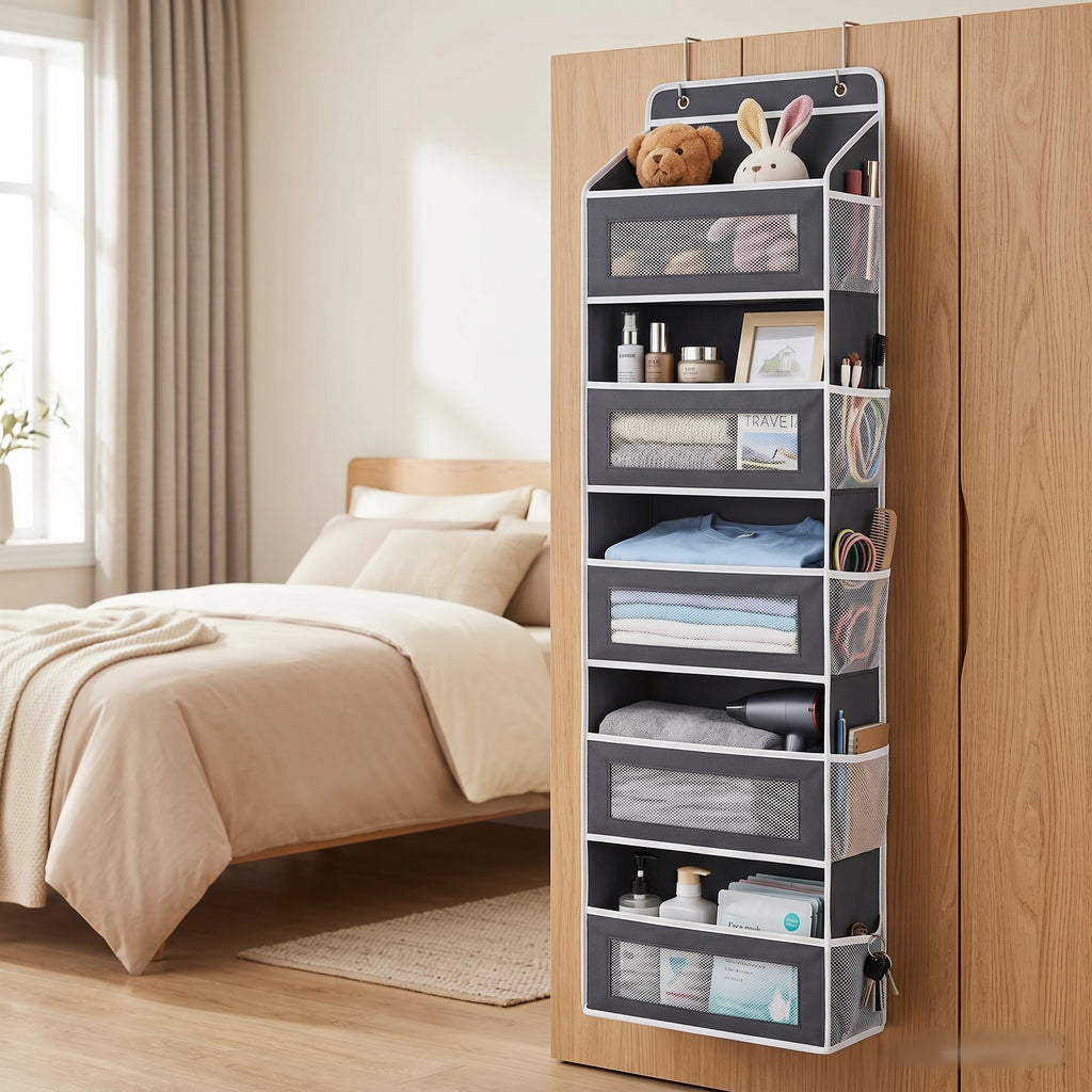 5-Shelf Heavy Duty Hanging Organizer - Single Unit with Side Mesh Pockets, No-Drill Over-the-Door Minimalist Modern Storage Organization for Closet, Bathroom Use
