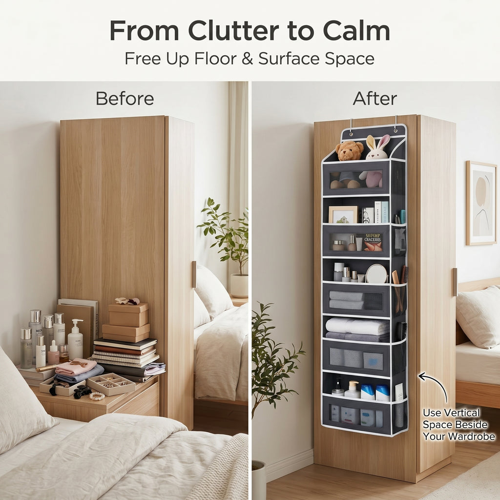 5-Shelf Heavy Duty Hanging Organizer - Single Unit with Side Mesh Pockets, No-Drill Over-the-Door Minimalist Modern Storage Organization for Closet, Bathroom Use