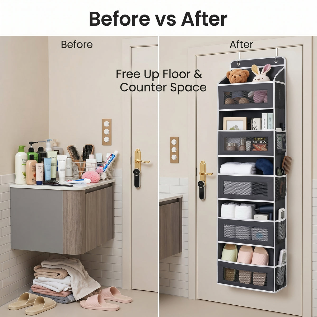 5-Shelf Heavy Duty Hanging Organizer - Single Unit with Side Mesh Pockets, No-Drill Over-the-Door Minimalist Modern Storage Organization for Closet, Bathroom Use