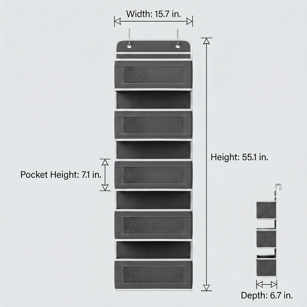 5-Shelf Heavy Duty Hanging Organizer - Single Unit with Side Mesh Pockets, No-Drill Over-the-Door Minimalist Modern Storage Organization for Closet, Bathroom Use