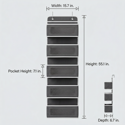 5-Shelf Heavy Duty Hanging Organizer - Single Unit with Side Mesh Pockets, No-Drill Over-the-Door Minimalist Modern Storage Organization for Closet, Bathroom Use