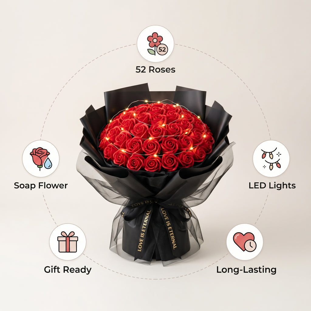 52 Roses Soap Flower Bouquet with LED Lights - Eternal Love Gift for Her Soap Flower Bouquet Valentine's Day Gift