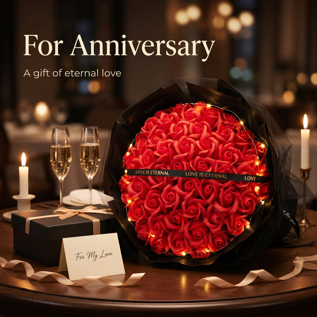 52 Roses Soap Flower Bouquet with LED Lights - Eternal Love Gift for Her Soap Flower Bouquet Valentine's Day Gift