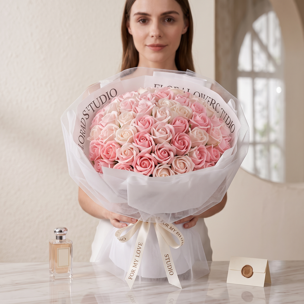 52 Roses Soap Flower Bouquet with LED Lights - Eternal Love Gift for Her Soap Flower Bouquet Valentine's Day Gift