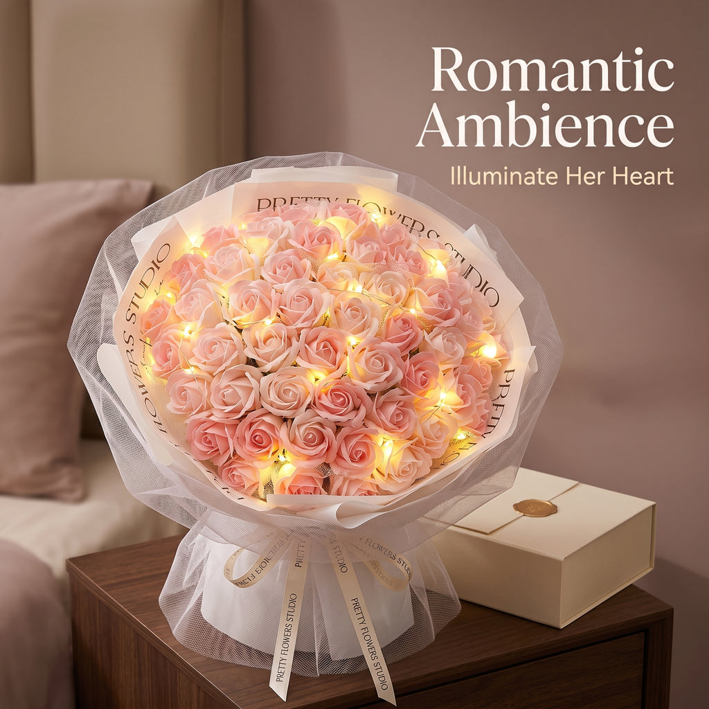 52 Roses Soap Flower Bouquet with LED Lights - Eternal Love Gift for Her Soap Flower Bouquet Valentine's Day Gift