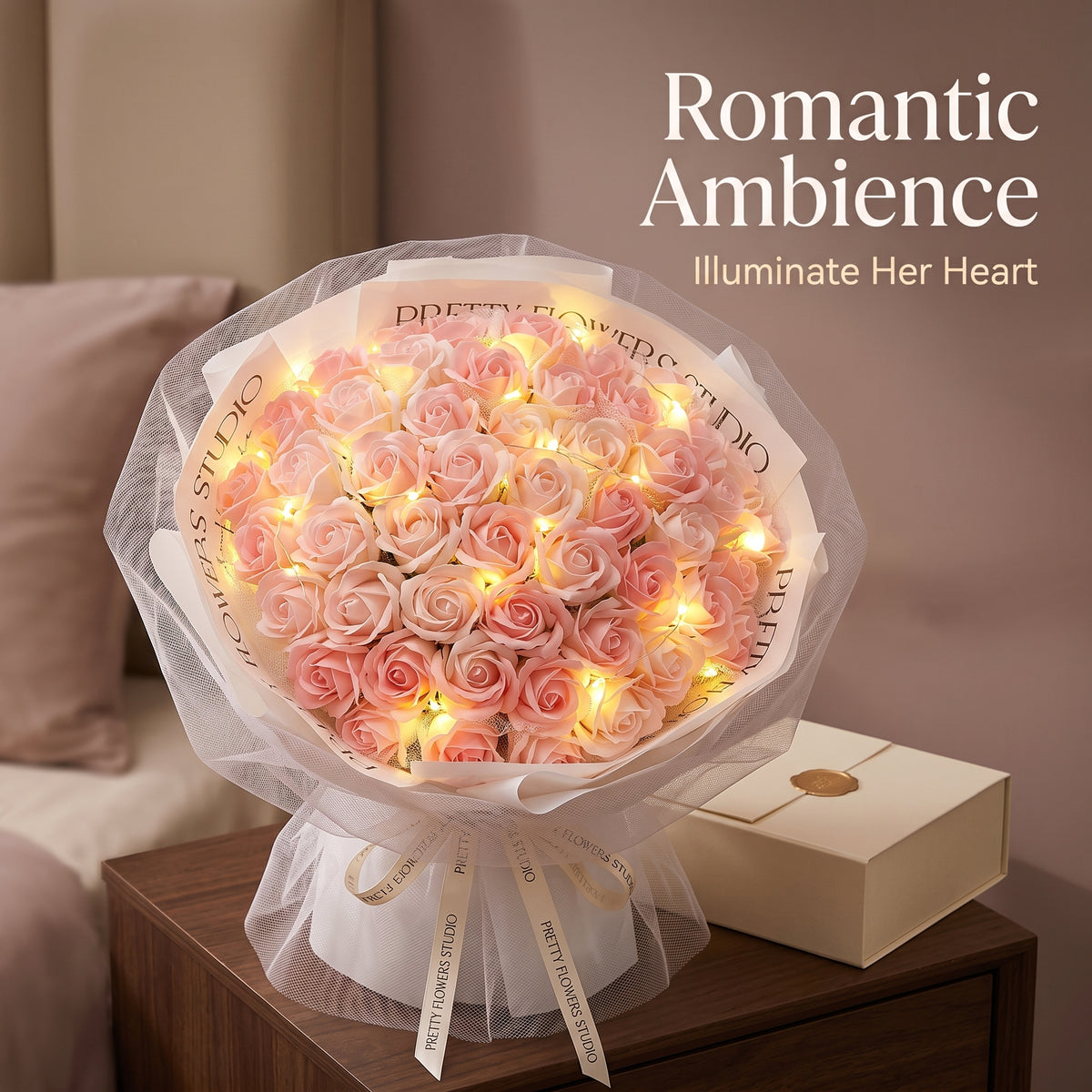 52 Roses Soap Flower Bouquet with LED Lights - Eternal Love Gift for Her Soap Flower Bouquet Valentine's Day Gift