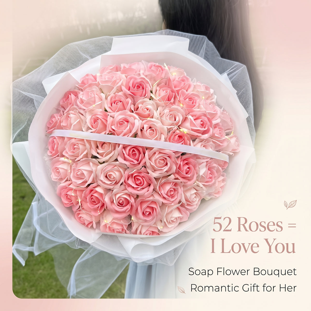 52 Roses Soap Flower Bouquet with LED Lights - Eternal Love Gift for Her Soap Flower Bouquet Valentine's Day Gift