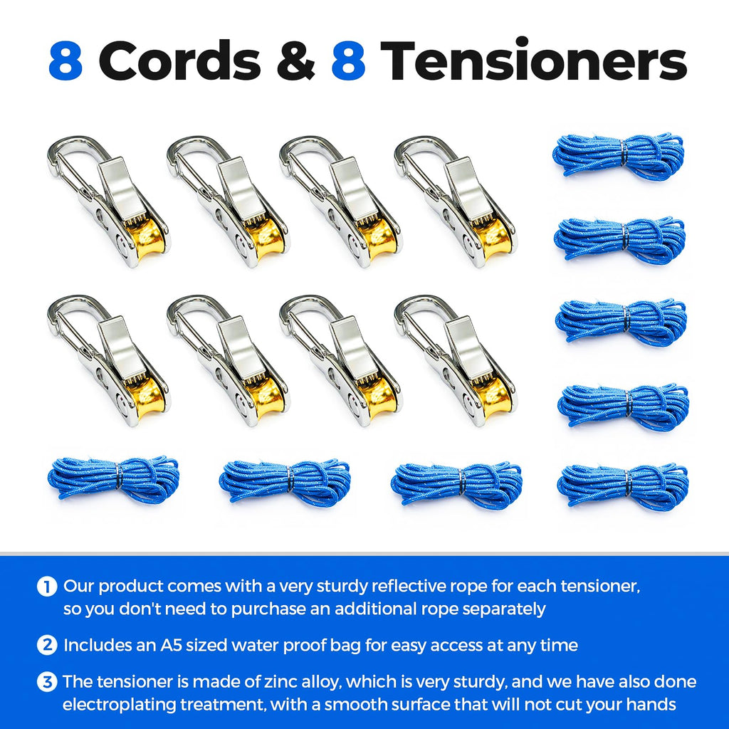 QEG Rope Tightening Tool & Tensioner 8-Pack with Rollercam Technology, Heavy-Duty Tie Down for Camping, Tarps, Boating & Outdoor Gear, Includes 8 Reflective Cords & Carry Bag
