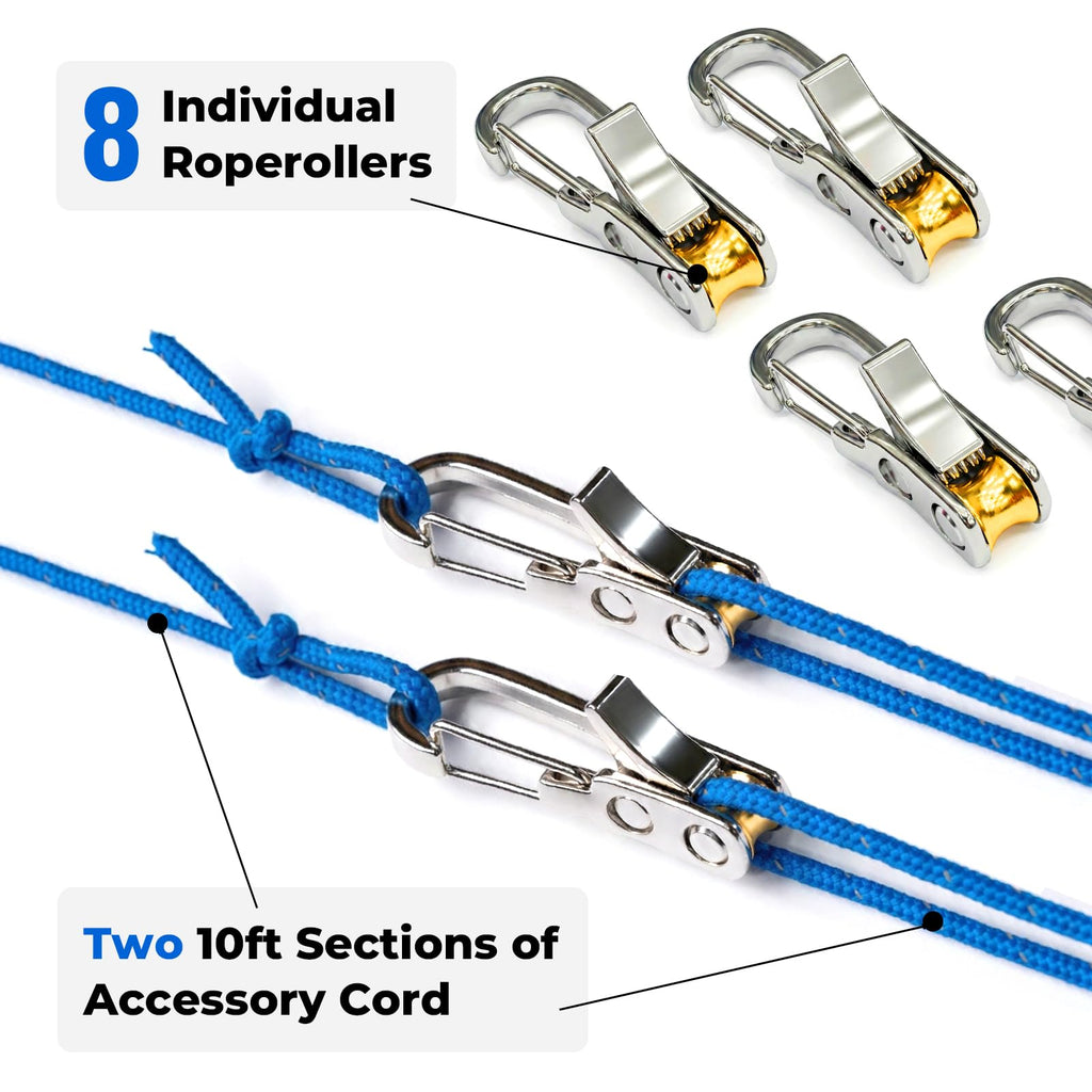 QEG Rope Tightening Tool & Tensioner 8-Pack with Rollercam Technology, Heavy-Duty Tie Down for Camping, Tarps, Boating & Outdoor Gear, Includes 8 Reflective Cords & Carry Bag