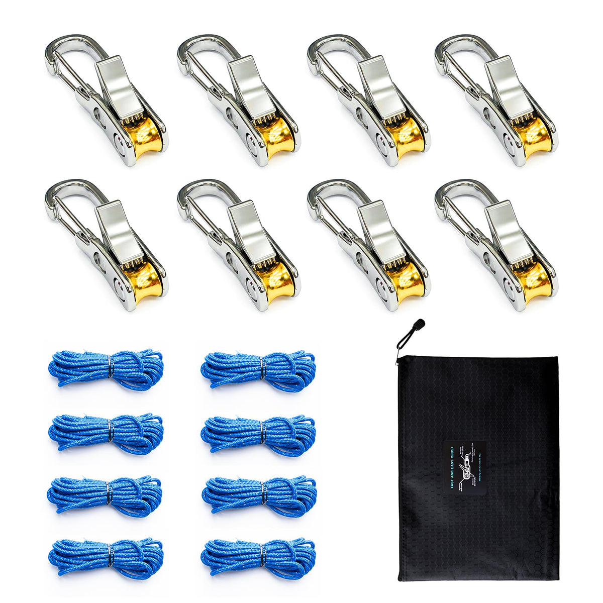 QEG Rope Tightening Tool & Tensioner 8-Pack with Rollercam Technology, Heavy-Duty Tie Down for Camping, Tarps, Boating & Outdoor Gear, Includes 8 Reflective Cords & Carry Bag